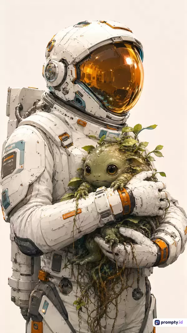 Gambar bergaya fiksi ilmiah digital ini menampilkan seorang astronot berbalut pakaian antariksa putih dengan helm berpelindung emas yang sedang lembut menggendong makhluk alien hijau kecil yang dipenuhi dedaunan dan akar, dengan kata kunci astronot, alien, tanaman, fiksi ilmiah, dan eksplorasi ruang angkasa, didominasi oleh warna putih, jingga, dan hijau.