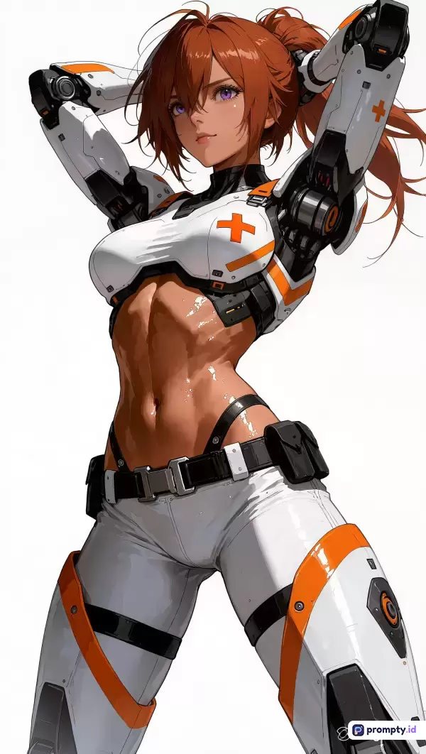 Gambar bergaya ilustrasi anime sci-fi ini menampilkan karakter wanita cyborg berambut cokelat dengan pose percaya diri mengenakan pakaian futuristik putih-oranye, memuat kata kunci fiksi ilmiah, cyborg, anime, dan perut atletis, didominasi oleh warna putih, oranye, dan cokelat.