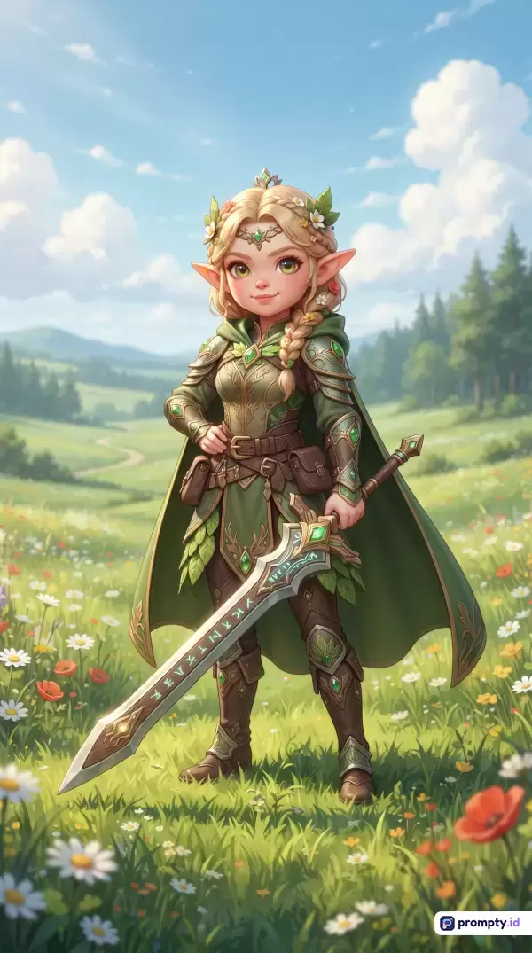 Gambar dengan gaya ilustrasi digital 3D beresolusi tinggi ini menampilkan konten seorang kesatria elf wanita bertubuh chibi yang mengenakan jubah hijau dan memegang pedang besar berukir di padang rumput berbunga cerah berlatar bukit hijau serta langit berawan, dengan kata kunci elf, kesatria, chibi, fantasi, padang rumput, pedang, dan palet warna dominan hijau hutan, cokelat tanah, serta biru langit.