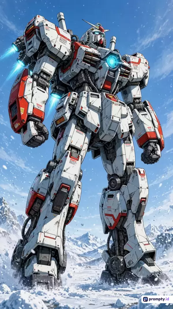 Gambar bergaya ilustrasi anime digital ini menampilkan robot raksasa (mecha) futuristik bergaya Gundam berwarna putih, merah, dan biru langit dengan latar belakang pegunungan bersalju dan langit biru cerah, serta menggunakan kata kunci mecha, gundam, robot, anime, fiksi ilmiah, salju, putih, merah, biru.