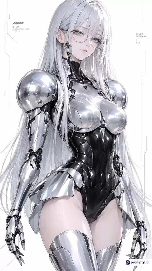 Gambar bergaya anime fiksi ilmiah ini menampilkan konten cyborg wanita berambut putih panjang dengan balutan armor futuristik berwarna putih, hitam, dan perak, serta kata kunci utama seperti android, mecha, sci-fi, dan teknologi, yang didominasi oleh tiga warna utama yaitu putih, hitam, dan perak.