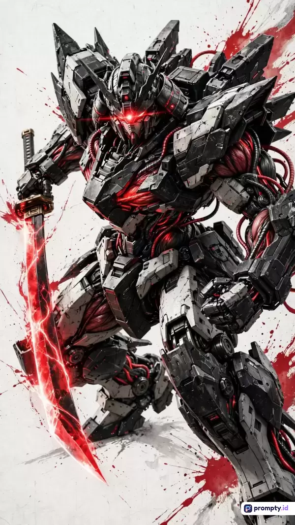 Gambar bergaya ilustrasi digital sci-fi ini menampilkan robot mecha bergaya samurai yang memegang pedang menyala dengan konten aksi futuristik, menggunakan palet warna dominan hitam, abu-abu, dan merah, serta kata kunci mecha, robot, samurai, katana, sci-fi, dan futuristik.