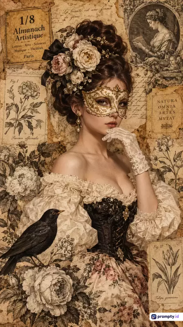Gambar ini mengusung gaya estetika vintage kolase era Victoria dengan latar belakang manuskrip kuno dan ilustrasi botani, menampilkan wanita elegan bergaun renda korset hitam-putih, topeng emas venesia, hiasan kepala bunga mawar, sarung tangan renda, dan burung gagak hitam sebagai simbol misteri, dengan kata kunci utama wanita bangsawan, masker topeng, kolase retro, burung gagak, dan gaun bersejarah, serta didominasi oleh tiga warna utama yaitu cokelat tua, krem antik, dan hitam pekat.