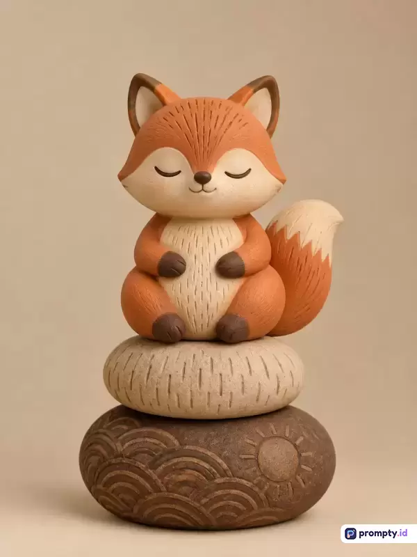 Gambar bergaya patung tanah liat (clay art) minimalis ini menampilkan konten figur rubah lucu yang sedang bermeditasi di atas tumpukan dua batu ukir estetis, dengan kata kunci ornamen, dekorasi, meditasi, rubah, dan kerajinan, serta didominasi oleh palet warna oranye, krem, dan cokelat tua.