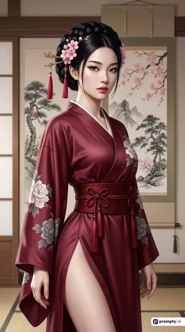 Gambar bergaya ilustrasi digital semi-realistis ini menampilkan konten seorang wanita Asia berambut hitam dikepang dengan hiasan bunga sakura mengenakan kimono merah anggur bermotif bunga di dalam ruangan tradisional dengan latar gulungan lukisan lanskap, serta memiliki tiga warna dominan yaitu merah anggur, putih krem, dan hitam dengan kata kunci wanita, kimono, tradisional, bunga sakura, ilustrasi digital, merah anggur, elegan, dan estetika Asia.