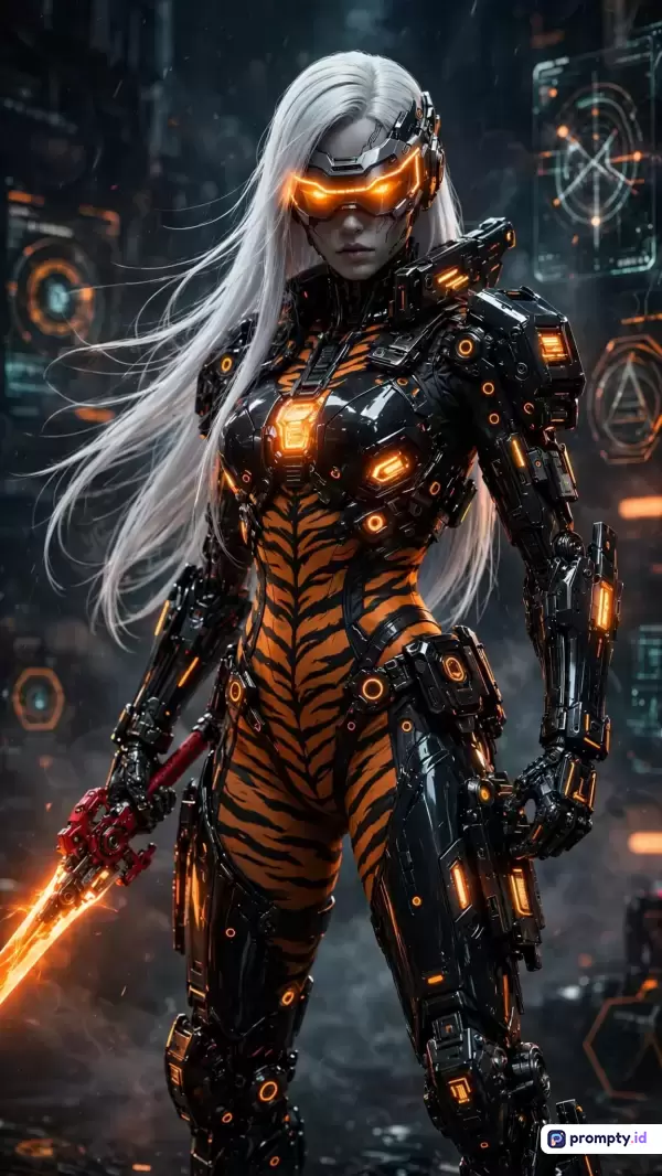 Gambar digital fiksi ilmiah bergaya cyberpunk ini menampilkan seorang wanita cyborg berambut putih panjang mengenakan baju zirah futuristik bermotif belang harimau dengan aksen oranye menyala, memegang pedang energi dalam latar belakang kota futuristik yang gelap, dengan kata kunci: cyborg, wanita fiksi ilmiah, baju zirah futuristik, rambut putih, cyberpunk, pedang energi, motif harimau, dan tiga warna dominan yaitu hitam, oranye, dan putih.