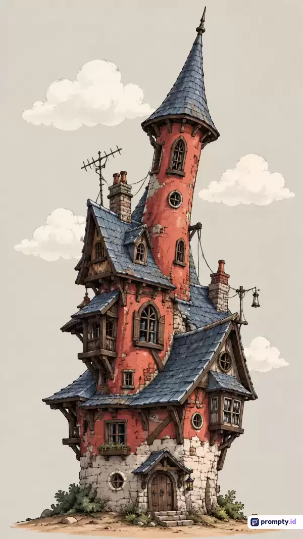 Gambar ilustrasi bergaya kartun fantasi ini menampilkan sebuah menara rumah bertingkat yang unik, miring, dan fantastis dengan kombinasi konten arsitektur kuno, cerobong asap, jendela kayu, dan atap biru di bawah langit berawan abu-abu terang, menggunakan kata kunci rumah dongeng, arsitektur surealis, bangunan tua, ilustrasi fantasi, dan desain unik, serta didominasi oleh tiga warna utama yaitu merah bata, biru abu-abu, dan krem.