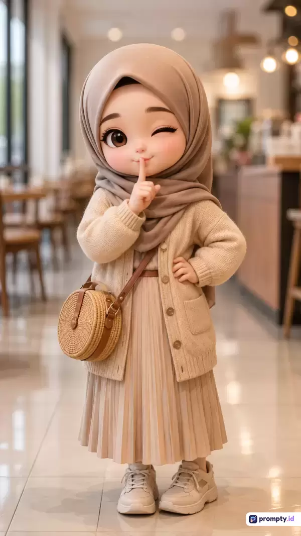 Gambar digital bergenre seni 3D chibbi ini menampilkan seorang anak perempuan berhijab cokelat dengan gaya busana monokrom krem yang mengenakan kardigan rajut, rok lipit, tas rotan bulat, dan sepatu kets, serta berpose mengedipkan mata sambil meletakkan jari di bibir di dalam kafe modern yang estetik dengan dominasi warna cokelat, krem, dan putih, serta kata kunci: animasi 3D, anak muslimah, hijab, gaya kasual, kafe, estetis.
