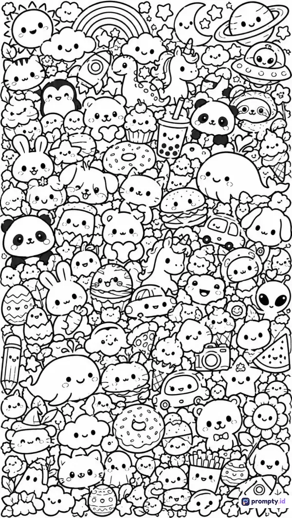 Gambar ini adalah halaman mewarnai bergaya kawaii doodle yang padat berisi ilustrasi hitam-putih bertema fantasi dan hewan lucu seperti kucing, panda, dan unicorn, dengan tiga warna dominan yaitu putih, hitam, dan abu-abu, serta kata kunci mewarnai, doodle, kawaii, hewan lucu, dan hitam putih.