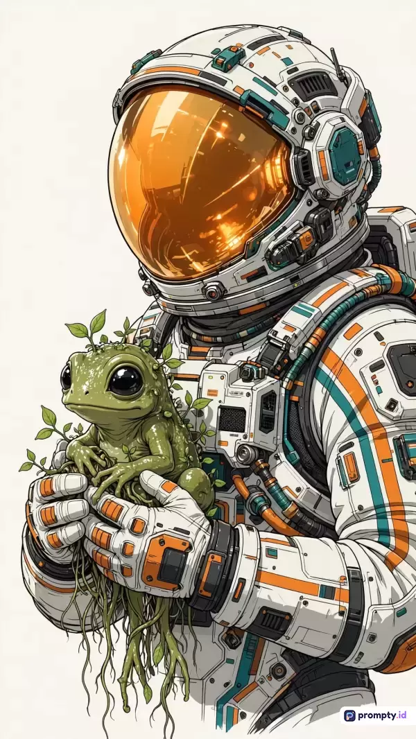 Gambar bergaya ilustrasi komik fiksi ilmiah ini menampilkan seorang astronot berteknologi futuristik yang sedang merawat makhluk amfibi hijau bermata besar berakar tanaman, dengan dominasi warna putih, jingga, dan hijau, serta menggunakan kata kunci astronot, alien, kodok tanaman, fiksi ilmiah, dan ilustrasi digital.