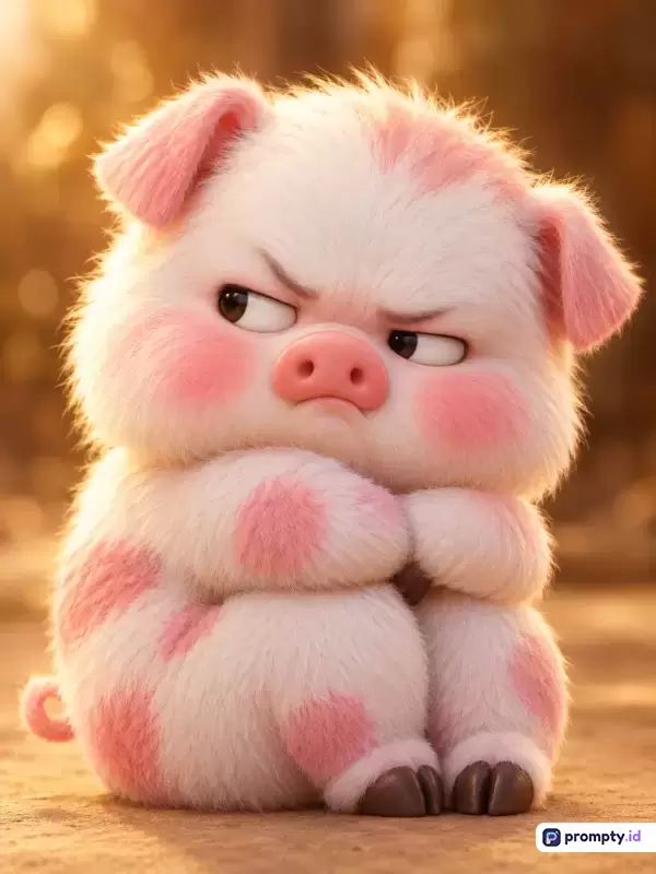 Gambar digital bergaya animasi 3D Pixar ini menampilkan konten anak babi berbulu lebat dengan ekspresi cemberut dan melotot lucu, serta kata kunci babi animasi, marah, imut, berbulu, dan 3D, dengan dominasi warna merah muda, putih, dan cokelat keemasan.