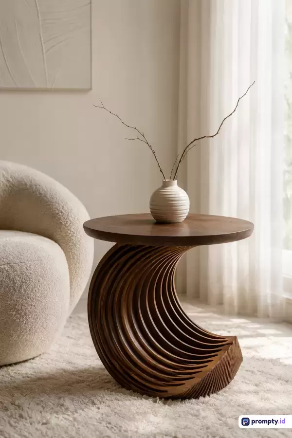 Gambar ber-gaya minimalis modern ini menampilkan konten meja kopi kayu artistik berbentuk lengkung unik dengan vas bunga minimalis, kursi berbulu putih, dan dekorasi dinding senada, menggunakan kata kunci desain interior, furnitur kayu, estetik, minimalis, dan dekorasi rumah, didominasi oleh warna krem, cokelat kayu, dan putih gading, dengan tiga warna dominan yaitu krem, cokelat tua, dan putih.
