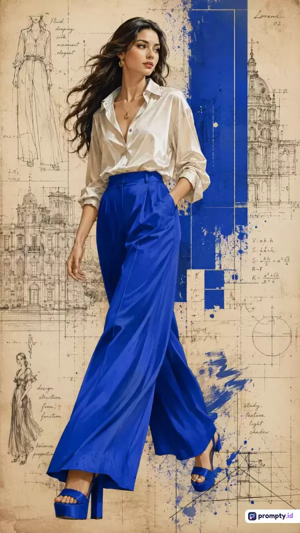 Gambar ini bergaya ilustrasi digital campuran dengan konten mode dan arsitektur, menggunakan kata kunci wanita, busana, sketsa, dan desain, didominasi oleh warna biru, krem, dan putih.