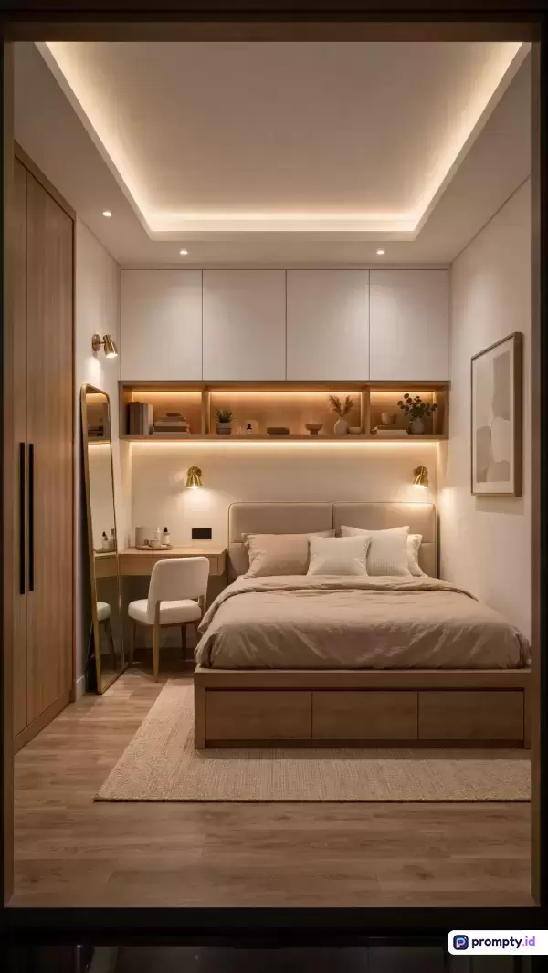 Gambar bergaya interior kontemporer modern minimalis ini menampilkan konten kamar tidur sempit fungsional dengan lemari kayu, meja rias, dan pencahayaan hangat, yang dikemas dengan kata kunci desain interior, kamar minimalis, dekorasi estetik, kayu hangat, dan ruang kompak, menggunakan dominasi warna cokelat kayu, putih krem, dan emas hangat.