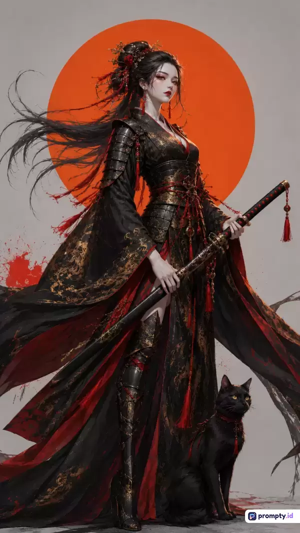 Gambar digital berlatar belakang matahari merah ini menampilkan seorang wanita bergaya fantasi anime yang mengenakan armor hitam bermotif emas dan jubah merah sambil memegang pedang katana ditemani seekor kucing hitam, dengan palet warna dominan hitam, merah menyala, dan abu-abu, serta kata kunci pendekar wanita, samurai gelap, fantasi oriental, seni digital, dan kucing hitam.