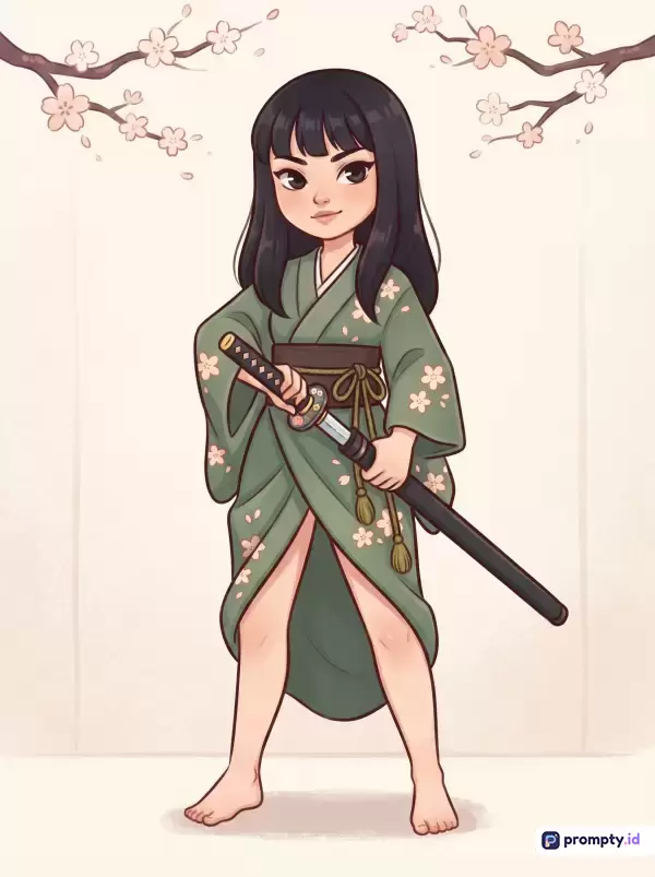 Gambar bergaya ilustrasi digital chibi ini menampilkan seorang gadis berambut hitam berpakaian kimono hijau bermotif bunga sakura sambil memegang katana, dengan kata kunci samurai, anime, Jepang, dan merah muda, yang didominasi oleh warna hijau zaitun, merah muda lembut, dan krem terang.