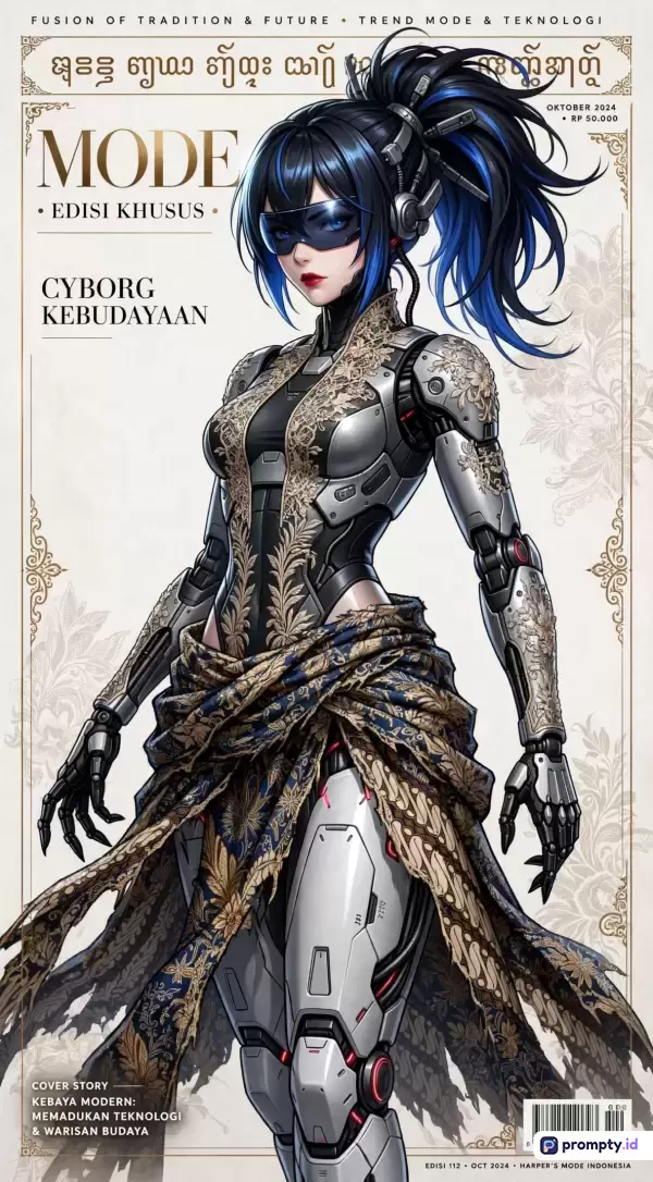 Gambar ini bergaya ilustrasi majalah fiksi ilmiah dengan konten cyborg wanita berambut hitam bergaris biru yang mengenakan kebaya modern bermotif batik, menampilkan kata kunci cyborg kebudayaan, mode, dan teknologi, dengan dominasi warna hitam, putih, dan biru.