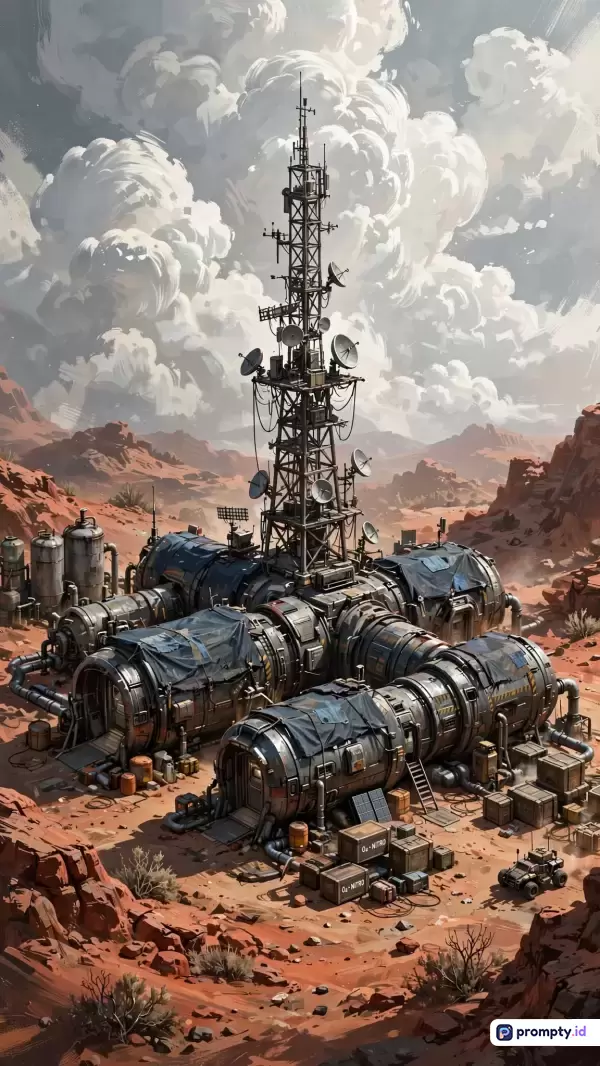 Gambar dengan gaya ilustrasi digital fiksi ilmiah ini menampilkan kompleks pangkalan luar angkasa atau pos terdepan industri di permukaan planet mirip Mars yang dikelilingi lanskap gurun berbatu, dengan kata kunci pangkalan, pos terdepan, menara komunikasi, fiksi ilmiah, mars, masa depan, eksplorasi, gurun, dan teknologi, yang didominasi oleh warna merah terakota, abu-abu baja, dan putih awan.