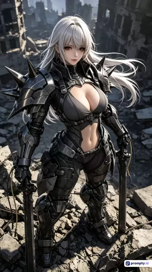 Gambar bergaya anime digital ini menampilkan seorang pejuang wanita berambut putih dengan latar belakang kota runtuh, mengenakan baju zirah gelap berduri sambil memegang dua pedang, menggunakan palet warna abu-abu, hitam, dan perak, serta kata kunci: wanita, anime, prajurit, zirah, pasca-apokaliptik, pedang.