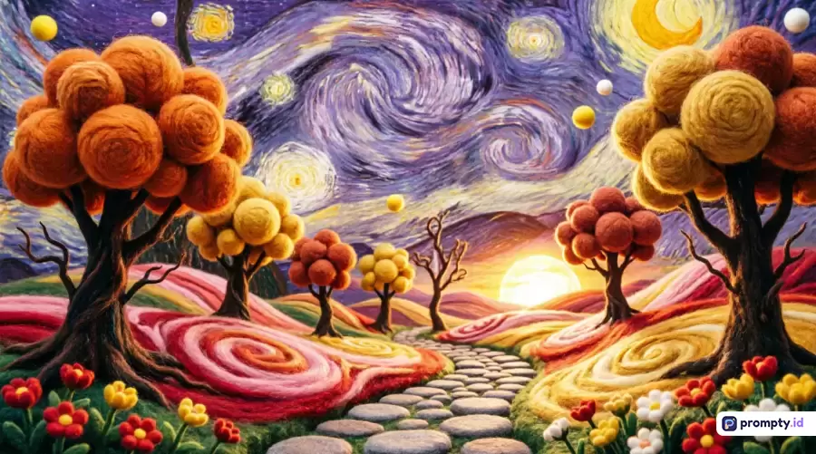 Gambar bergaya seni ilustrasi digital tekstur rajutan wol ini menampilkan pemandangan surealis terinspirasi karya Van Gogh dengan jalan setapak batu yang dikelilingi pohon-pohon berkanopi bundar, bukit-bukit bergelombang, bunga-bunga kecil di latar depan, serta langit malam berpusar penuh bintang, dengan kata kunci seni wol, pemandangan surealis, malam berbintang, pohon tekstur rajut, bukit bergelombang, jalan setapak, ilustrasi digital, dan didominasi oleh warna biru tua, kuning keemasan, serta oranye hangat.