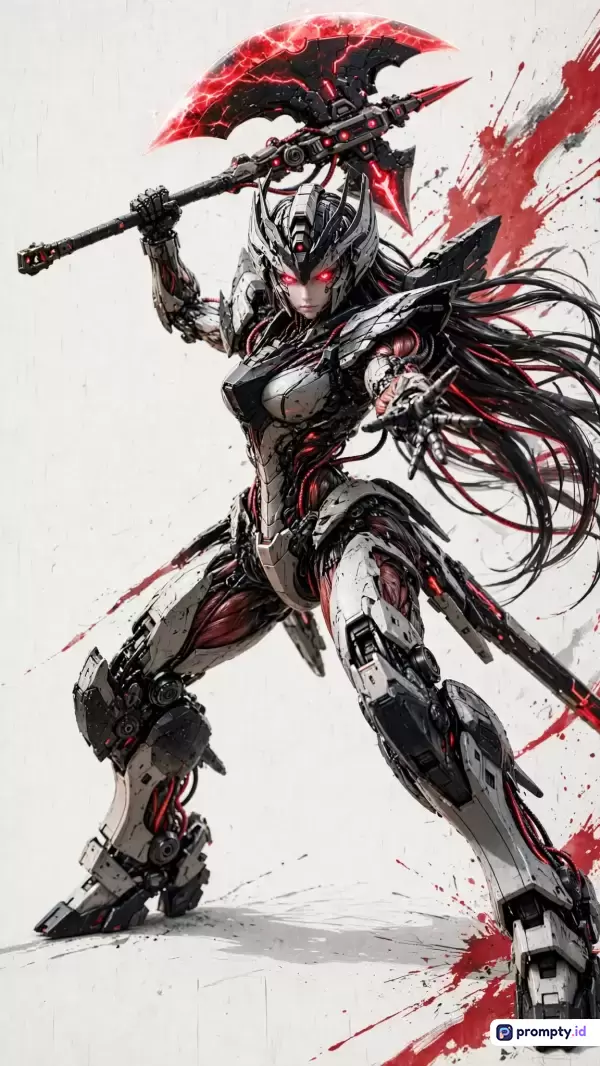 Gambar bergaya ilustrasi digital sci-fi ini menampilkan konten karakter prajurit cyborg wanita futuristik berambut hitam panjang yang sedang mengangkat kapak besar bercahaya dengan latar belakang cipratan darah, serta menggunakan palet warna dominan putih, hitam, dan merah dengan kata kunci prajurit, cyborg, sci-fi, mecha, futuristik, wanita, kapak, pertarungan, dan aksi.