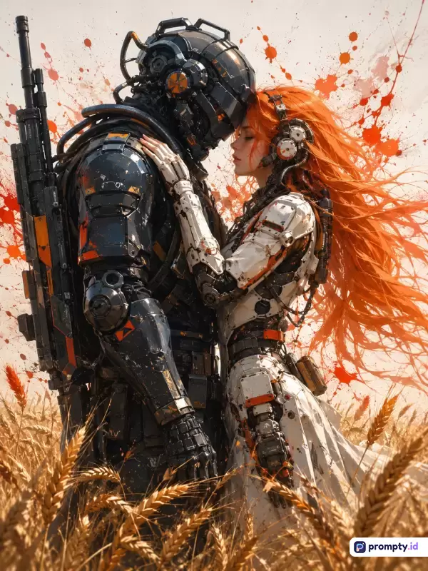 Gambar bergaya ilustrasi digital fiksi ilmiah ini menampilkan konten romantis antara cyborg bersenjata berat dan perempuan berambut oranye cerah di ladang gandum, dengan kata kunci cinta, masa depan, teknologi, perang, dan android, menggunakan palet warna dominan oranye, hitam, dan putih, serta menghasilkan tiga warna dominan yaitu oranye, hitam, dan putih.