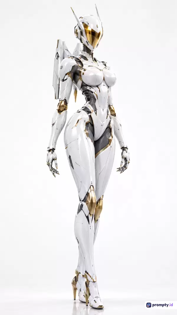 Gambar bergaya fiksi ilmiah futuristik ini menampilkan karakter robot humanoid wanita berwajah ramping dengan konten konsep *mecha* dan estetika anime, yang dikurasi dengan kata kunci robot, futuristik, fiksi ilmiah, dan kecerdasan buatan, serta didominasi oleh warna putih, emas, dan abu-abu.