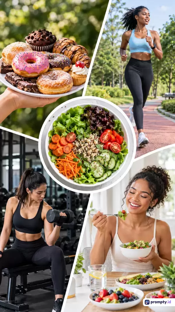 Kolase foto bergaya fotografi komersial ini menampilkan konten gaya hidup sehat dan seimbang yang memadukan aktivitas fisik seperti lari pagi dan latihan beban, konsumsi makanan bergizi seperti salad segar, serta pilihan camilan manis, dengan palet warna dominan hijau daun, merah cerah, dan hitam elegan, serta kata kunci kebugaran, diet seimbang, olahraga, makanan sehat, gaya hidup aktif.