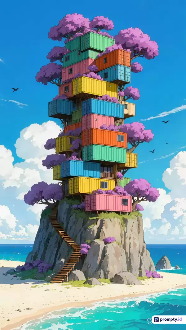 Gambar bergaya ilustrasi anime digital yang menampilkan struktur menara unik dari tumpukan kontainer warna-warni yang terintegrasi dengan pohon berdaun ungu di atas tebing batu karang tepi pantai berpasir putih, dengan kata kunci kontainer, pohon ungu, tebing, pantai, anime, surealis, arsitektur, laut, dan awan, didominasi oleh warna biru langit, merah muda, dan kuning.