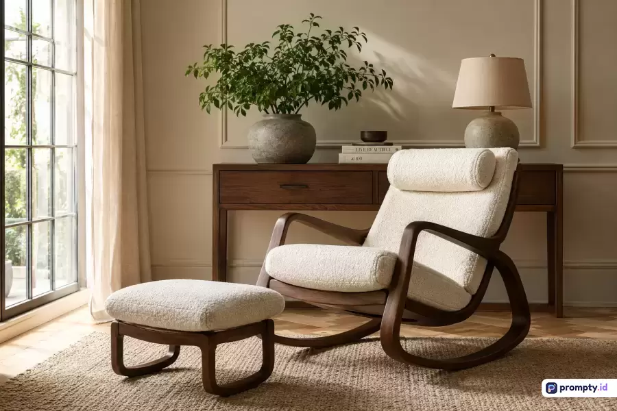 Gambar bergaya fotografi interior minimalis modern ini menampilkan konten berupa kursi goyang putih bertekstur bouclé dengan sandaran kaki kayu dan dekorasi ruangan hangat berlatar dinding krem, dengan kata kunci kursi goyang, interior minimalis, dekorasi ruang tamu, gaya modern, dan furnitur kayu, serta didominasi oleh tiga warna utama yaitu krem, cokelat tua, dan hijau sage.