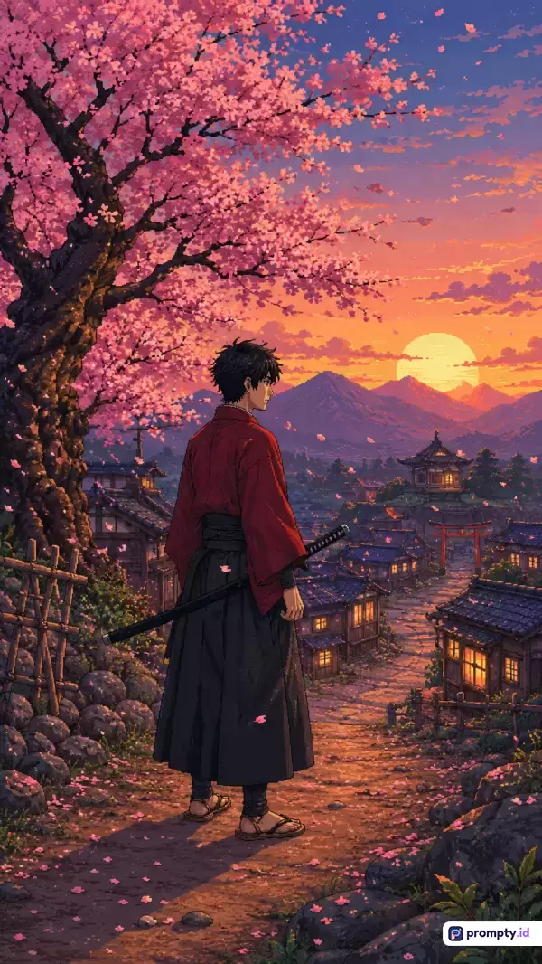 Gambar dengan gaya seni piksel anime ini menampilkan konten seorang samurai berkimono merah dan hitam yang berdiri di atas bukit menghadap ke desa tradisional Jepang saat senja, dengan kata kunci seperti samurai, bunga sakura, senja, desa Jepang, dan seni piksel, didominasi oleh warna merah muda, jingga, dan hitam.