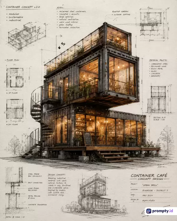 Gambar bergaya sketsa arsitektural bercampur render 3D fotorealistik ini menampilkan konsep kafe kontainer modular yang berkelanjutan dengan palet warna abu-abu baja, cokelat kayu, dan hangatnya pencahayaan kuning interior, serta dilengkapi catatan desain dan denah lantai dengan kata kunci arsitektur, kontainer, berkelanjutan, kafe, industrial, dan desain konsep.