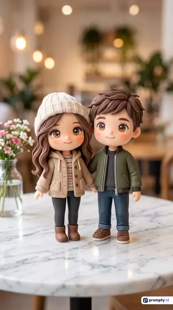 Gambar dengan gaya ilustrasi figur 3D atau pahatan tanah liat (clay figurine) ini menampilkan konten sepasang kekasih berwajah chibi yang berdiri berdampingan di atas meja marmer putih dengan latar belakang kafe yang buram, serta menggunakan kata kunci figur 3D, chibi, pasangan, kafe, dan romantis, dengan dominasi warna cokelat, hijau zaitun, dan putih.