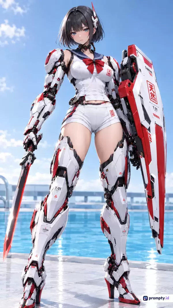 Gambar bergaya anime digital art ini menampilkan karakter wanita cyborg futuristik berambut pendek hitam dengan kostum pelaut putih-merah, memegang pedang menyala dan perisai besar berlatar tepi kolam renang di bawah langit cerah dengan kata kunci cyberpunk, mecha, anime, sci-fi, cyborg, futuristic, warrior, high-tech, robot armor, pool yang didominasi oleh warna putih, merah, dan biru cerah.