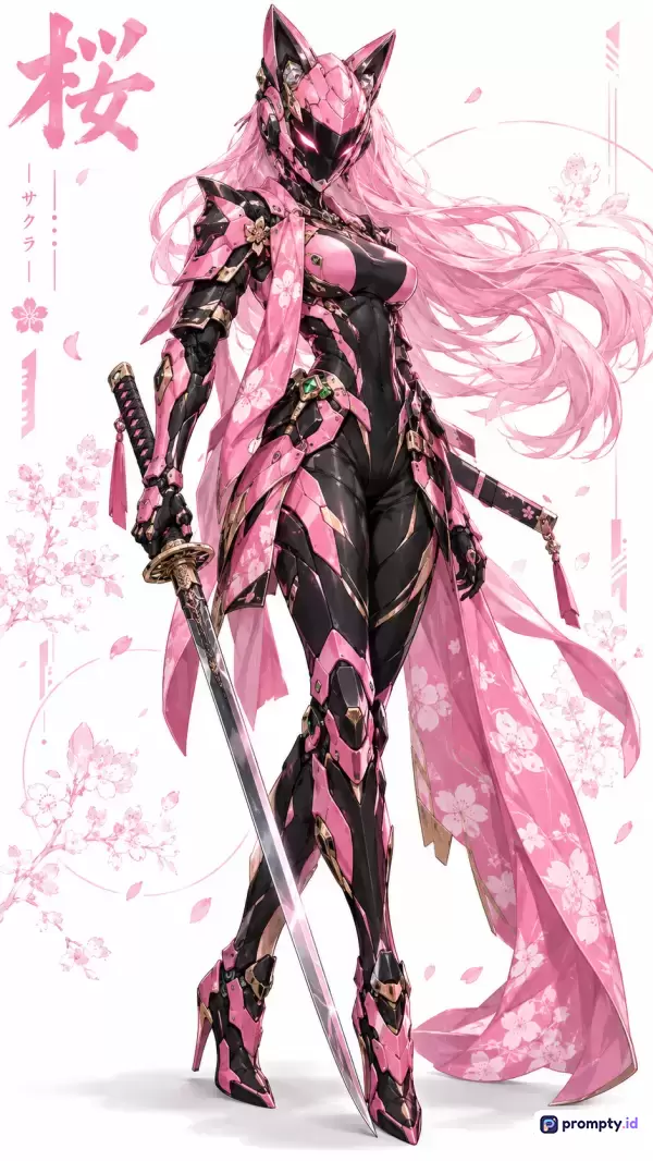 Gambar berstyle anime digital ilustrasi futuristik ini menampilkan konten seorang ksatria wanita mech cyberpunk bertelinga kucing yang memegang katana dengan latar belakang bunga sakura, menggunakan kata kunci: mecha, cyberpunk, anime, samurai, wanita, pink, sakura, kucing, sci-fi, dan dominasi tiga warna utama yaitu merah muda, hitam, dan putih.