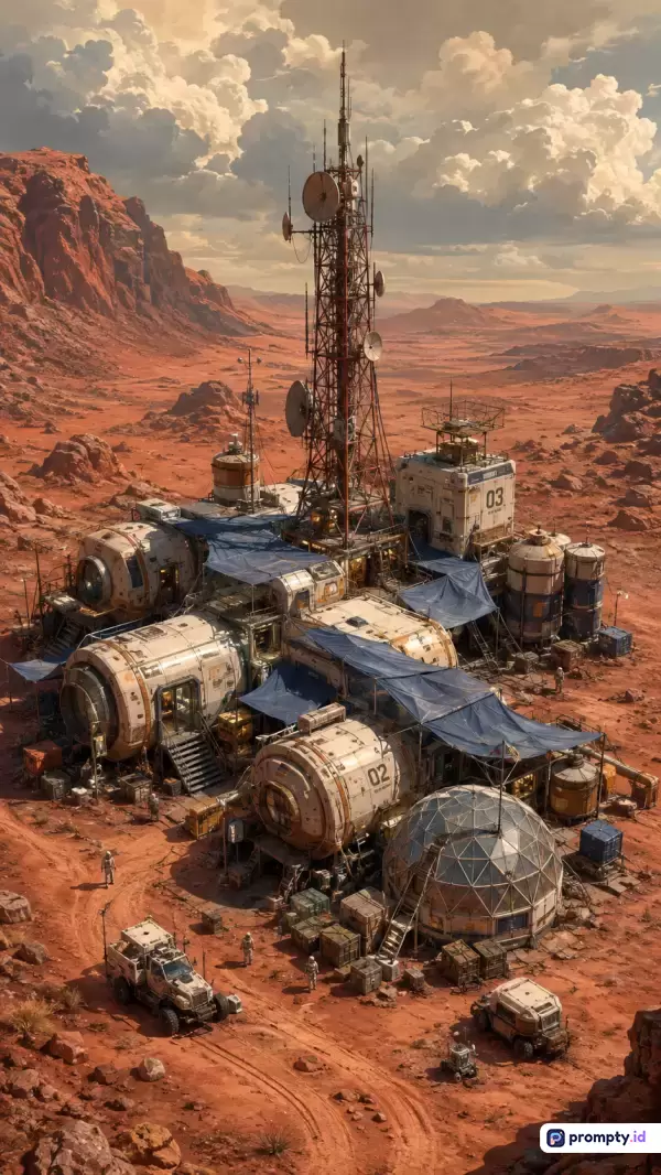 Gambar bergaya fiksi ilmiah ilustratif digital ini menampilkan pangkalan koloni luar angkasa modular futuristik berwarna putih dan perak di permukaan planet Mars yang tandus dengan menara komunikasi tinggi dan formasi batuan merah di latar belakang, dengan palet warna dominan oranye kemerahan, putih, dan biru tua, serta kata kunci koloni Mars, pangkalan luar angkasa, fiksi ilmiah, terraforming, penjelajahan ruang angkasa, dan teknologi masa depan.