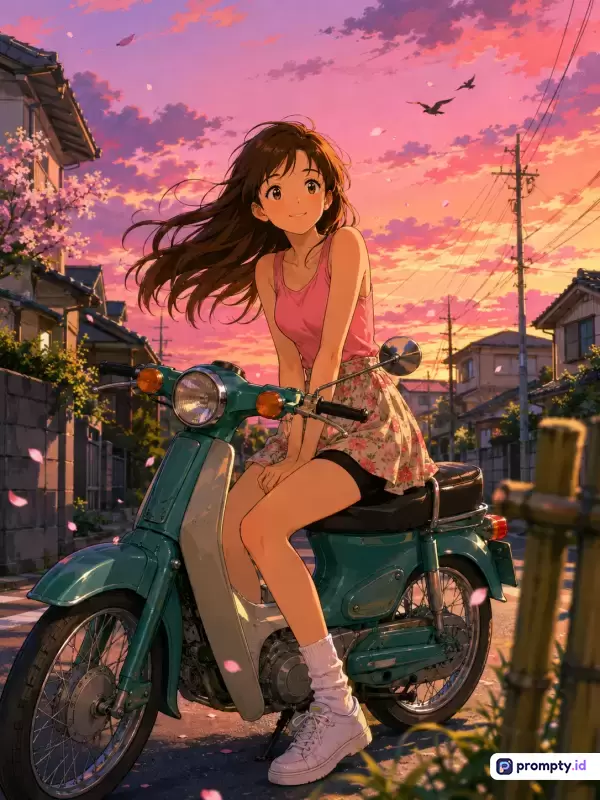 Gambar bergaya ilustrasi anime Jepang ini menampilkan seorang gadis berambut cokelat yang tersenyum ceria di atas skuter hijau klasik di jalanan permukiman Jepang, dengan latar langit senja oranye-merah muda yang indah, berkat kunci estetika anime, senja, gadis, skuter klasik, Jepang, dan warna dominan merah muda, jingga, serta hijau toska.