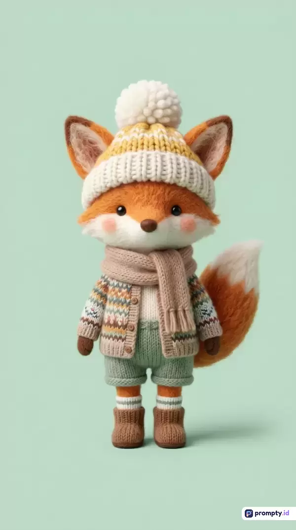 Gambar dengan gaya ilustrasi boneka rajut tangan *amigurumi* yang menggemaskan ini menampilkan konten karakter rubah kecil berbulu oranye yang mengenakan topi musim dingin rajutan putih-kuning, syal krem, kardigan bermotif etnik, celana pendek hijau sage, dan sepatu bot cokelat, dengan kata kunci boneka rubah, kerajinan rajut, musim dingin, imut, dan estetika hangat, serta didominasi oleh tiga warna utama yaitu hijau sage, oranye, dan putih krem.