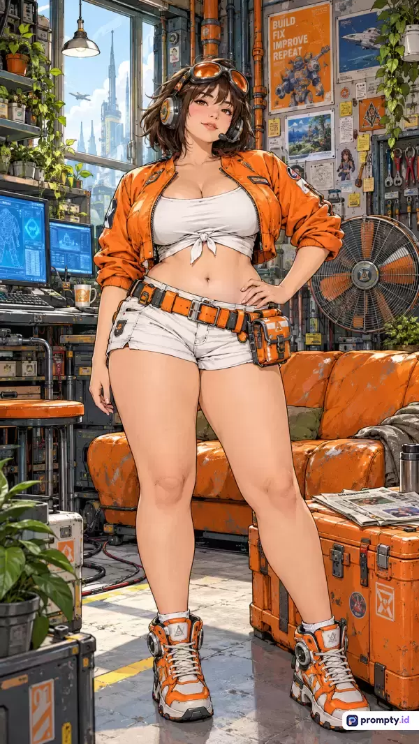 Gambar bergaya anime modern ini menampilkan seorang wanita mekanik berambut pendek dengan pakaian oranye-putih yang sedang berdiri di dalam bengkel berantakan penuh peralatan futuristik, memiliki warna dominan oranye, putih, dan abu-abu, dengan kata kunci mekanik, anime, fiksi ilmiah, dan cyberpunk.