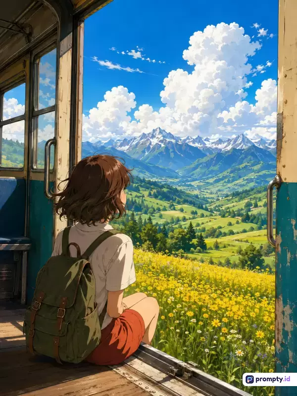 Gambar bergaya anime Ghibli ini menampilkan seorang gadis berambut cokelat dengan ransel hijau yang duduk di pintu kereta terbuka, menikmati pemandangan alam pegunungan bersalju, lembah hijau, dan padang bunga kuning cerah di bawah langit biru berawan, dengan kata kunci petualangan, perjalanan, nostalgia, pemandangan, dan musim panas, serta didominasi oleh tiga warna utama yaitu biru langit, hijau alam, dan kuning cerah.