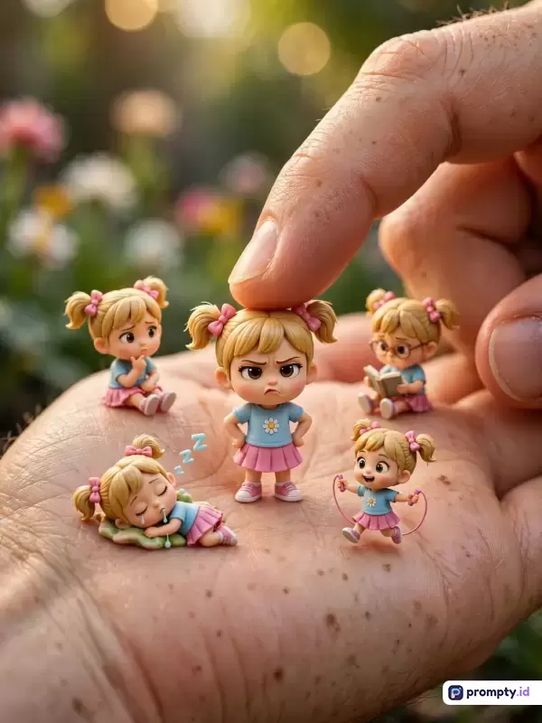 Gambar bergaya miniatur 3D imut beresolusi tinggi ini menampilkan konten interaksi emosional lima figur anak perempuan pirang dalam balutan pakaian biru-merah muda di atas telapak tangan manusia, dengan dominasi warna kulit, merah muda, dan biru, serta kata kunci miniatur, figur kartun, emosi, telapak tangan, dan fotografi makro.