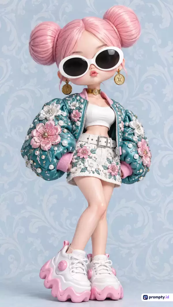 Gambar bergaya figurin 3D ini menampilkan boneka fesyen modis berambut merah muda dengan sanggul ganda, kacamata hitam putih besar, jaket bomber hijau toska bordir bunga, rok putih, dan sepatu chunky pink-putih, dengan kata kunci boneka fesyen, seni digital, mainan desainer, gaya jalanan, dan estetika pop, didominasi oleh warna hijau toska, merah muda, dan putih.