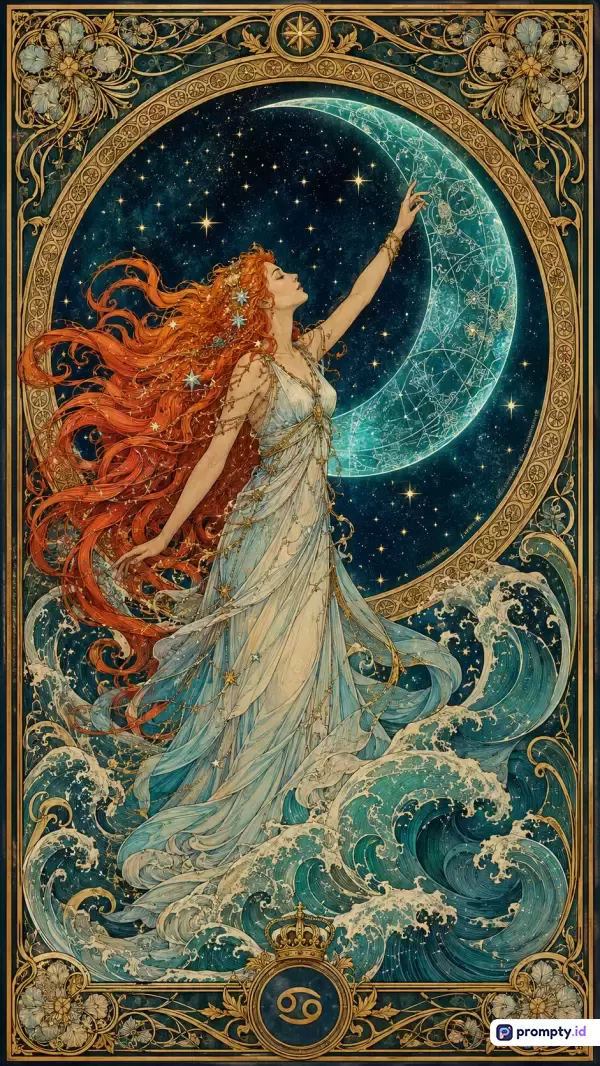 Gambar ilustrasi vertikal bergaya Art Nouveau ini menampilkan konten seorang wanita berambut merah mengalir yang menyentuh bulan sabit bercorak konstelasi di atas ombak laut malam berpeta bintang, dengan bingkai dekoratif mewah bernuansa warna dominan biru tua, emas, dan pirus, serta kata kunci astrologi, zodiak Cancer, fantasi, mitologi, elegan, kosmik, dan vintage.