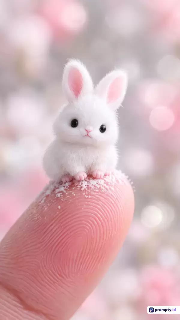 Gambar bergaya fotografi makro yang menampilkan konten kelinci putih berbulu halus bertengger di atas ujung jari manusia, dengan kata kunci kelinci mini, ujung jari, makro, imut, putih, dan estetik, didominasi oleh warna putih, merah muda, dan abu-abu.