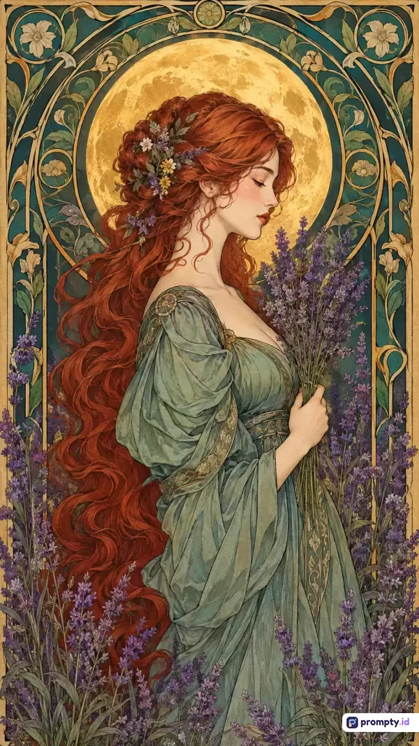 Gambar bergaya Art Nouveau ini menampilkan wanita berambut merah panjang dengan gaun hijau yang memegang lavender di ladang bunga di bawah bulan purnama, diperkaya dengan warna emas, hijau tua, dan ungu, serta kata kunci wanita, lavender, Art Nouveau, bulan, dan estetika.