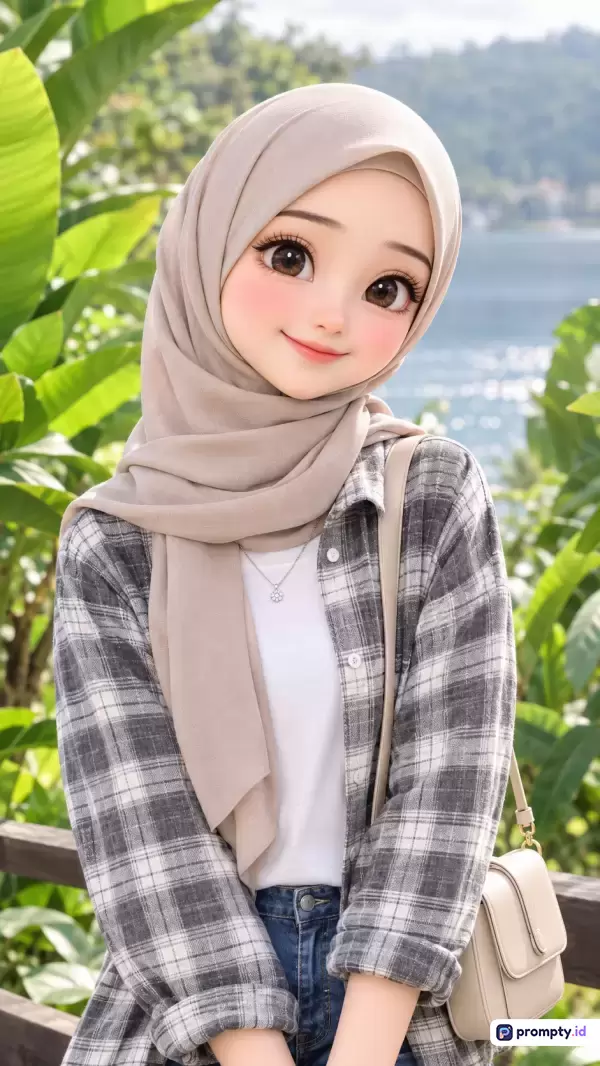 Gambar digital bergaya ilustrasi 3D yang sangat halus ini menampilkan konten seorang wanita muda berhijab krem sedang tersenyum manis mengenakan kemeja flanel abu-abu dan tas selempang, dengan kata kunci hijab, ilustrasi 3D, wanita muslimah, kemeja kotak-kotak, dan pemandangan alam, serta didominasi oleh warna krem, abu-abu, dan hijau.