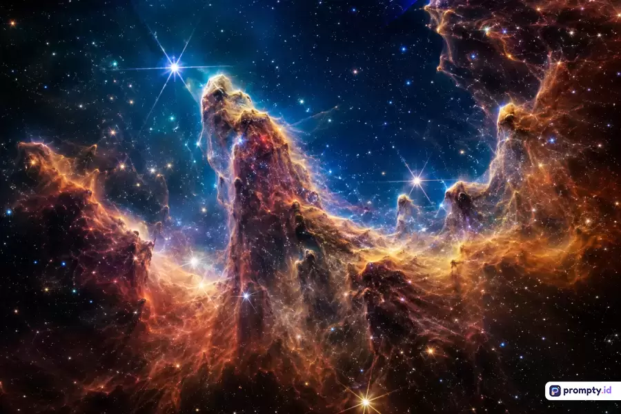 Gambar bergaya fotografi astronomi realistis ini menampilkan konten pilar debu kosmik dan gugusan bintang terang dalam galaksi yang luas dengan palet warna dominan biru tua, jingga keemasan, dan cokelat gelap, serta kata kunci antariksa, nebula, kosmos, galaksi, dan bintang.