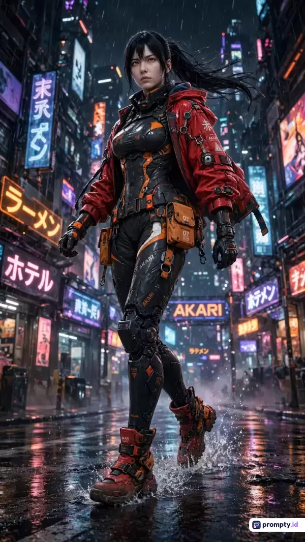 Gambar bergaya digital art sci-fi cyberpunk ini menampilkan seorang wanita berambut hitam dengan setelan taktis futuristik dan jaket merah sedang berjalan di jalanan kota futuristik yang basah oleh hujan, dihiasi papan nama neon berwarna-warni, dengan dominasi warna merah, hitam, dan biru, serta kata kunci: cyberpunk, fiksi ilmiah, futuristik, prajurit wanita, kota neon, hujan, digital art.