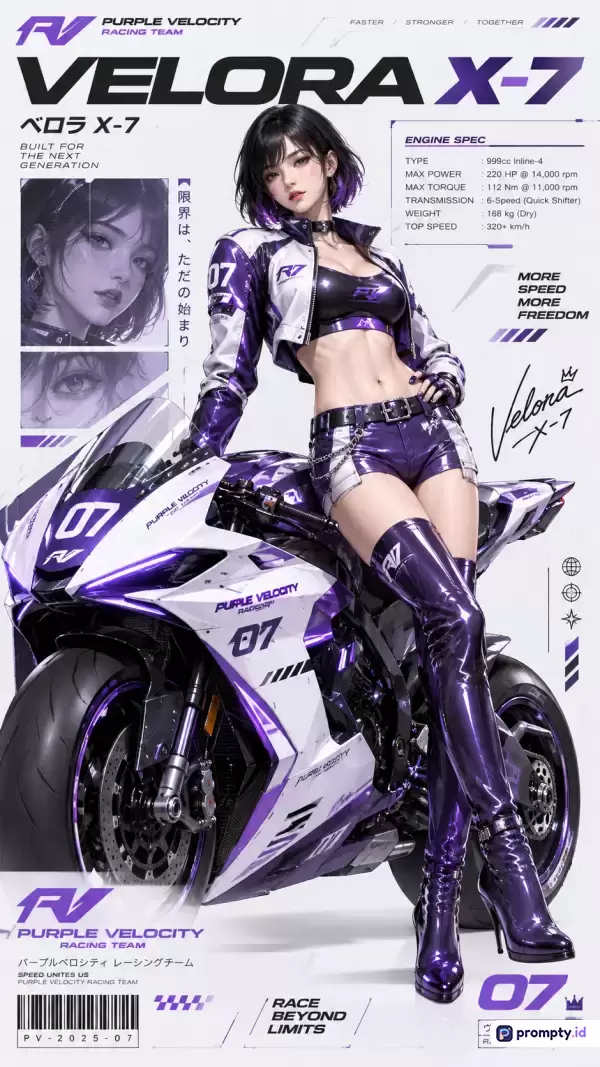 Gambar bergaya ilustrasi digital anime modern bergenre sci-fi/cyberpunk ini menampilkan seorang gadis berambut pendek dengan pakaian balap futuristik yang bersandar pada motor sport berdesain aerodinamis, diperkaya dengan elemen teks grafis teknis, dengan kata kunci utama gadis pembalap, motor sport, masa depan, ungu, anime, palet warna dominan putih, ungu tua, dan hitam, serta tiga warna dominan yaitu putih, ungu tua, dan hitam.