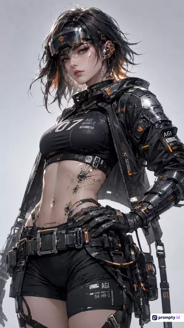 Gambar bergaya anime digital futuristik ini menampilkan konten seorang karakter wanita cyberpunk dengan implan sibernetik di perutnya, memakai pakaian taktis hitam beraksen oranye, mengenakan kacamata visor dan sarung tangan mekanis, serta memiliki rambut hitam sebahu dengan highlight terang, dengan kata kunci fiksi ilmiah, teknologi canggih, tentara masa depan, android, seni konseptual, dan tiga warna dominan yaitu abu-abu, hitam, dan oranye.